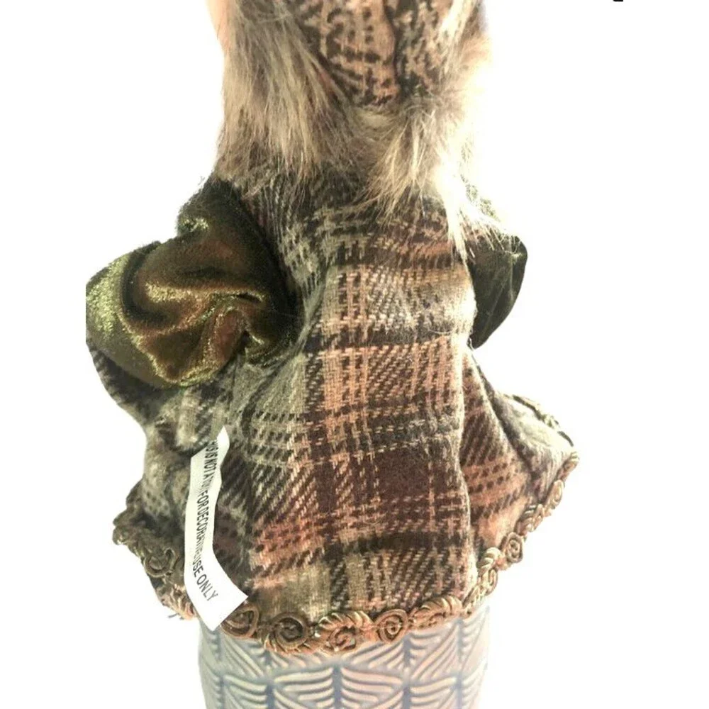 Christmas Pixie Elf Doll Gnome Gold Braid Trim Posable Hanging Bells Brown Plaid
